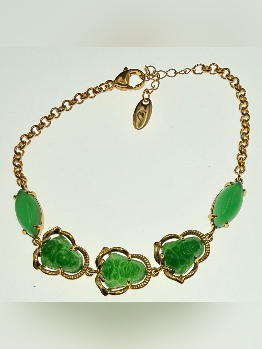 Vintage Style Xuping 18K Gold Plated Green Jade Laughing Buddha Bracelet